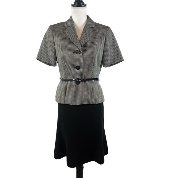 Evan Picone 2pc Blazer Skirt Suit size 6 Black Brown Tweed Career Lawyer - Picture 1 of 16
